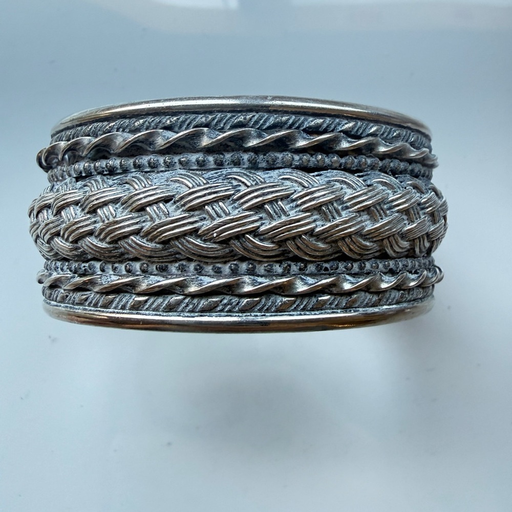 Braided Silvertone Wide Cuff Bracelet Tribal Ethnic Boho Statement Vintage Tibet - Picture 7 of 13